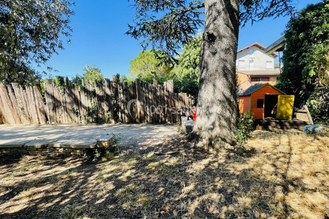 Jardin ensoleillé avec cabane en bois, grand arbre au premier plan et clôture en bois en arrière-plan.