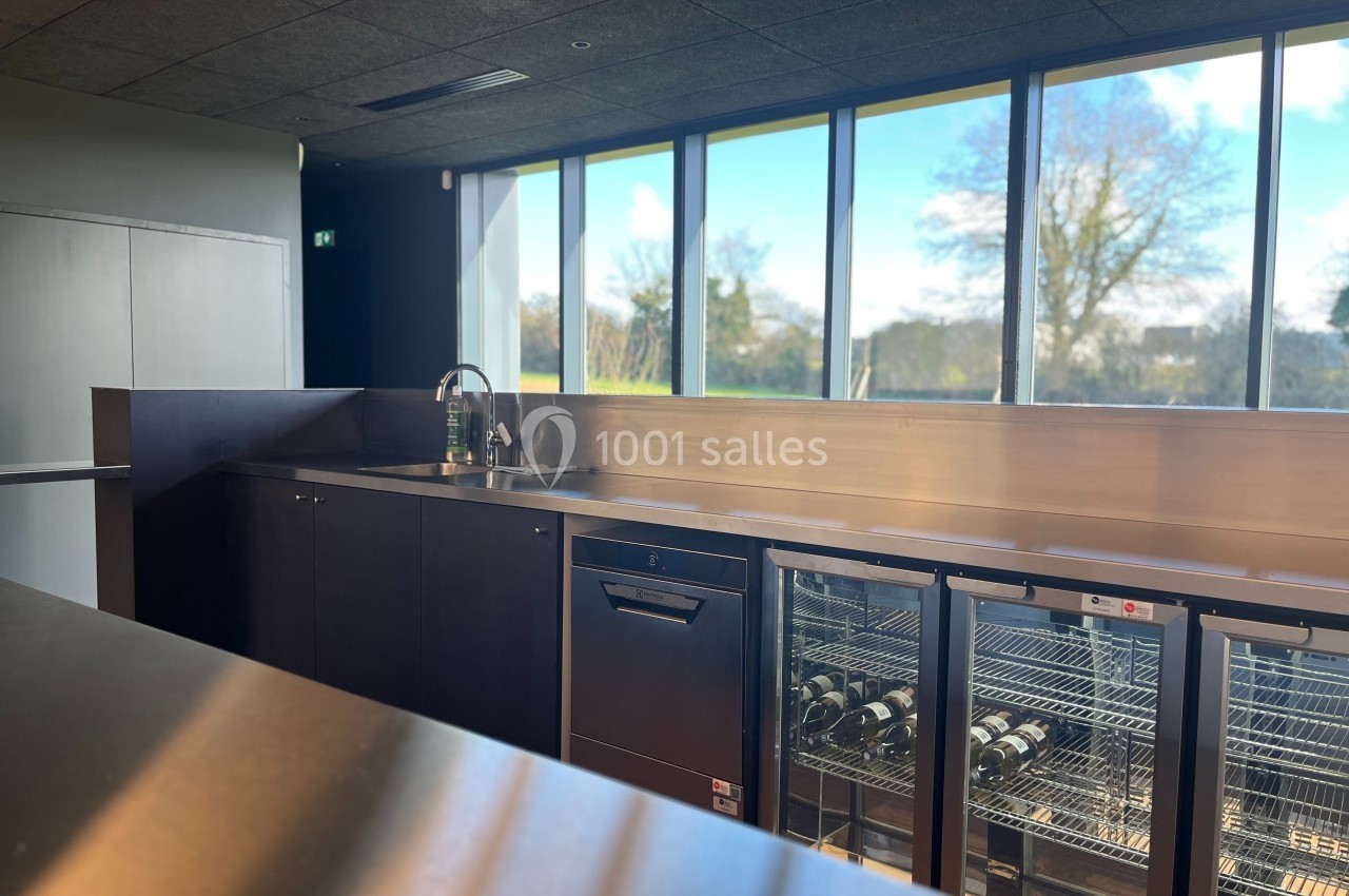 Cuisine moderne avec plan de travail en inox, évier, lave-vaisselle et réfrigérateurs vitrés, vue sur l'extérieur.