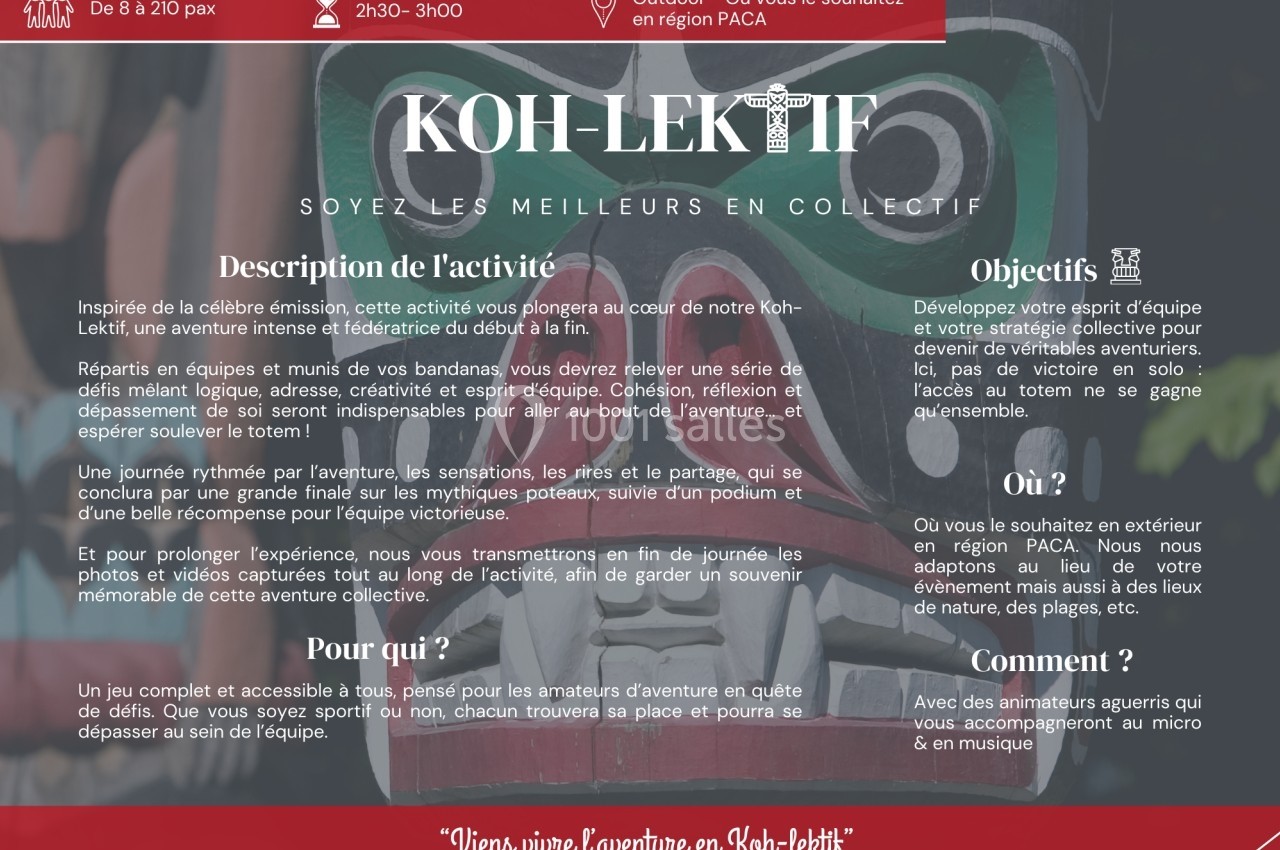 Illustration colorée d'un masque tribal accompagnant une présentation textuelle d'une activité de cohésion d'équipe.