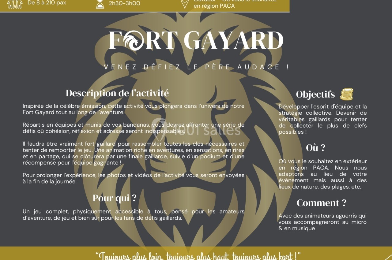 Illustration d'une affiche promotionnelle pour une activité d'aventure en extérieur, avec texte et graphisme de lion.