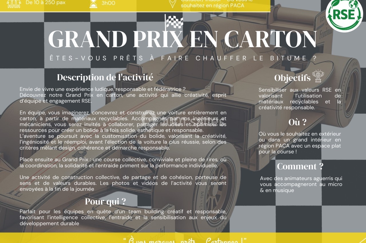 Un visuel décrivant une activité de création et course de véhicules en carton, axée sur la créativité et la responsabilité…