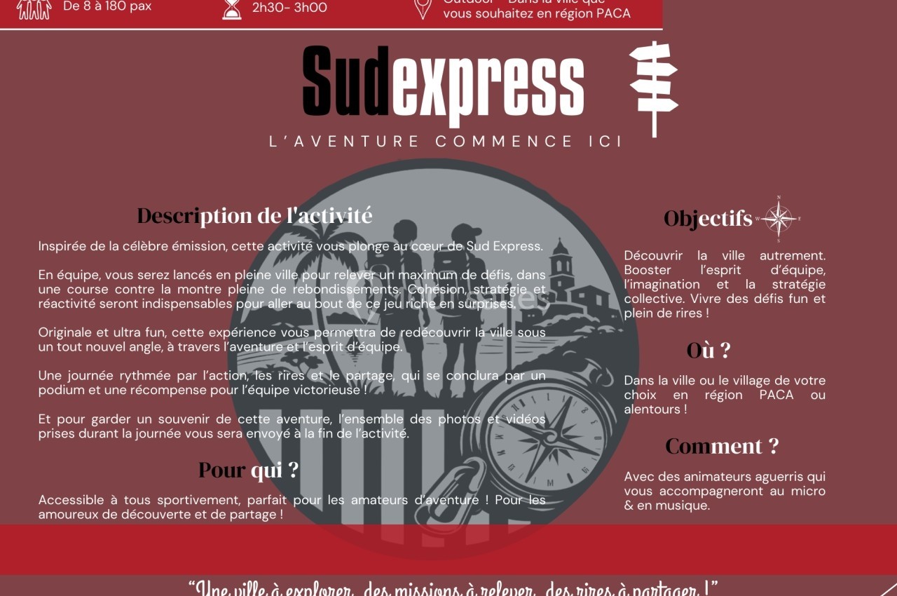 Une affiche rouge et noire présentant l'activité ’Sud Express’ avec description, objectifs et informations pratiques.