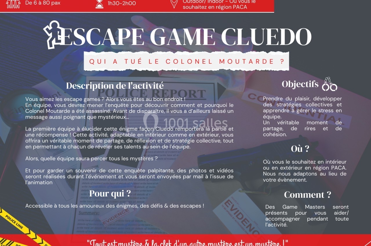 Image d'un flyer promotionnel pour un escape game sur le thème du Cluedo, avec texte descriptif, objectifs et informations…