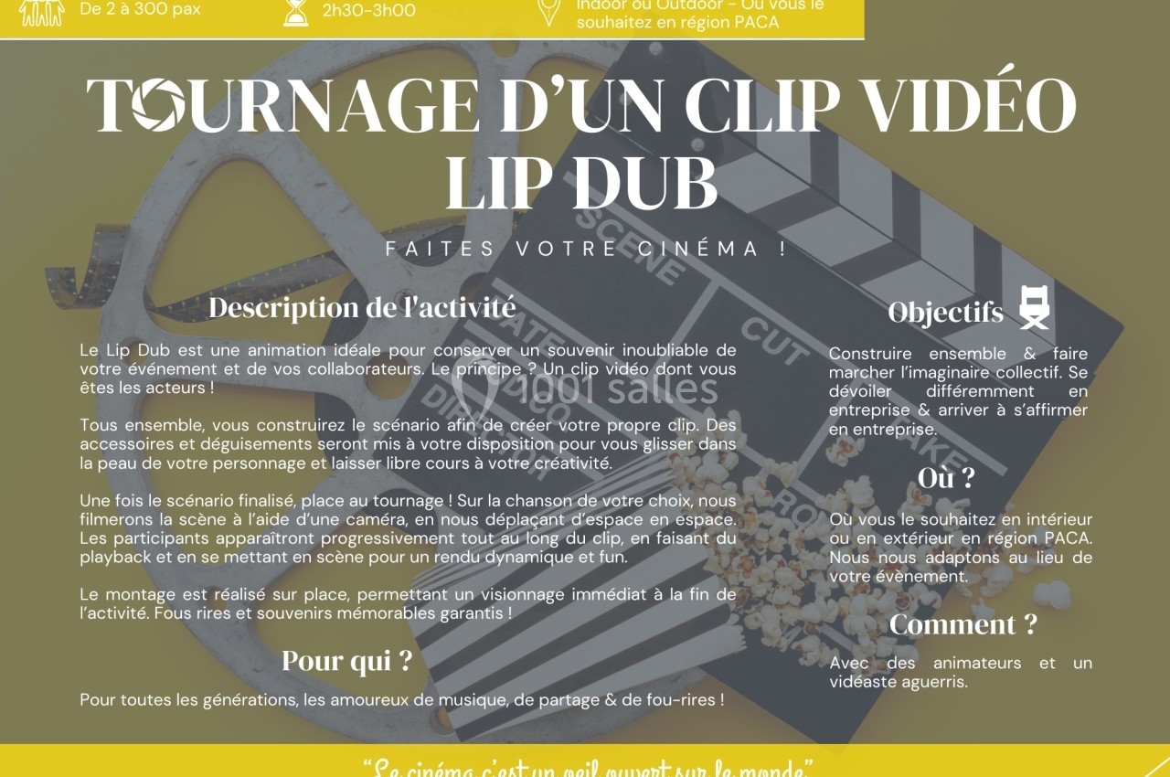 Visuel promotionnel décrivant une activité de tournage de clip vidéo Lip Dub, avec détails sur objectifs et public cible.