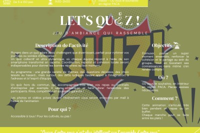 Une affiche promotionnelle décrivant une animation de quiz sur le thème de Noël, avec détails sur l'activité et les…