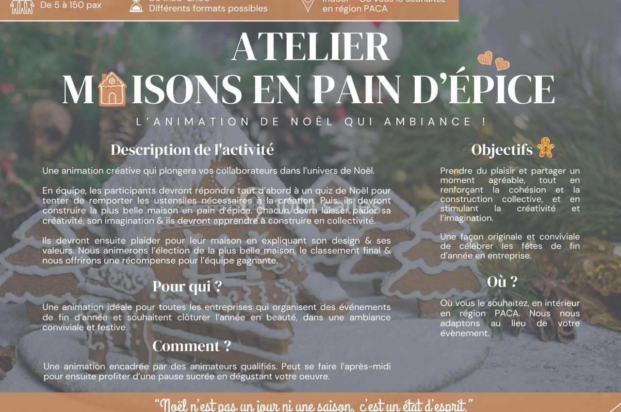 Visuel décrivant une animation d'atelier de création de maisons en pain d'épice pour les fêtes de Noël.