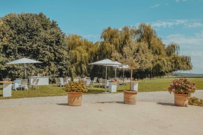 Vue d'une table élégamment dressée avec des verres, des couverts et un bouquet de fleurs colorées au centre.
