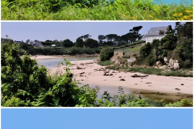 Vue aérienne d'un manoir en pierre entouré de champs et de végétation, avec un village et la mer à l'horizon.