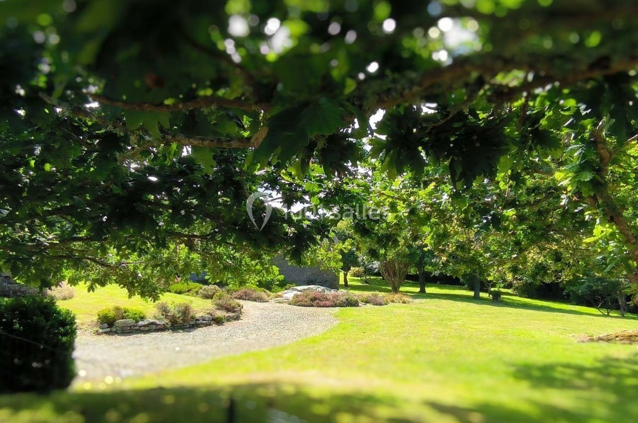 Jardin verdoyant avec arbres feuillus, allée gravillonnée et parterres de plantes sous une lumière ensoleillée.