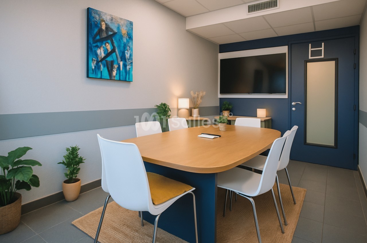 Petite salle de réunion avec une grande table en bois clair, six chaises blanches, un écran mural et un tapis en jute, sous un plafond à dalles.