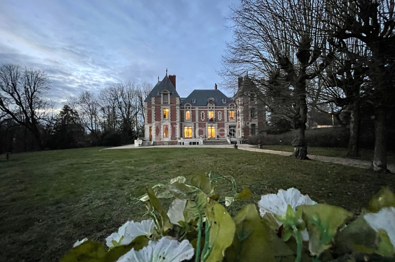 Façade d'un château éclairé au crépuscule, entouré d'arbres et d'une pelouse, avec des fleurs au premier plan.
