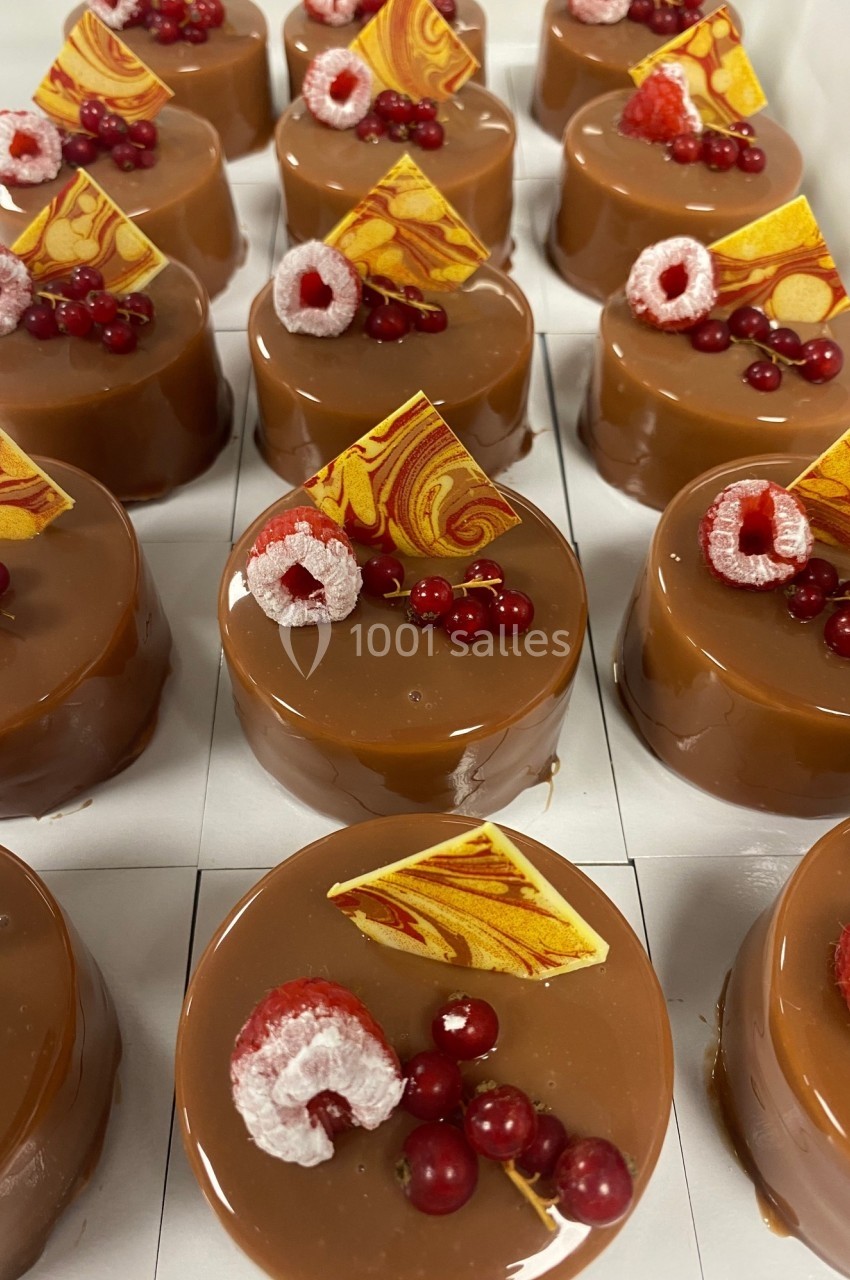 Petits entremets glacés au chocolat décorés de framboises, groseilles et éclats de chocolat marbré jaune et rouge.