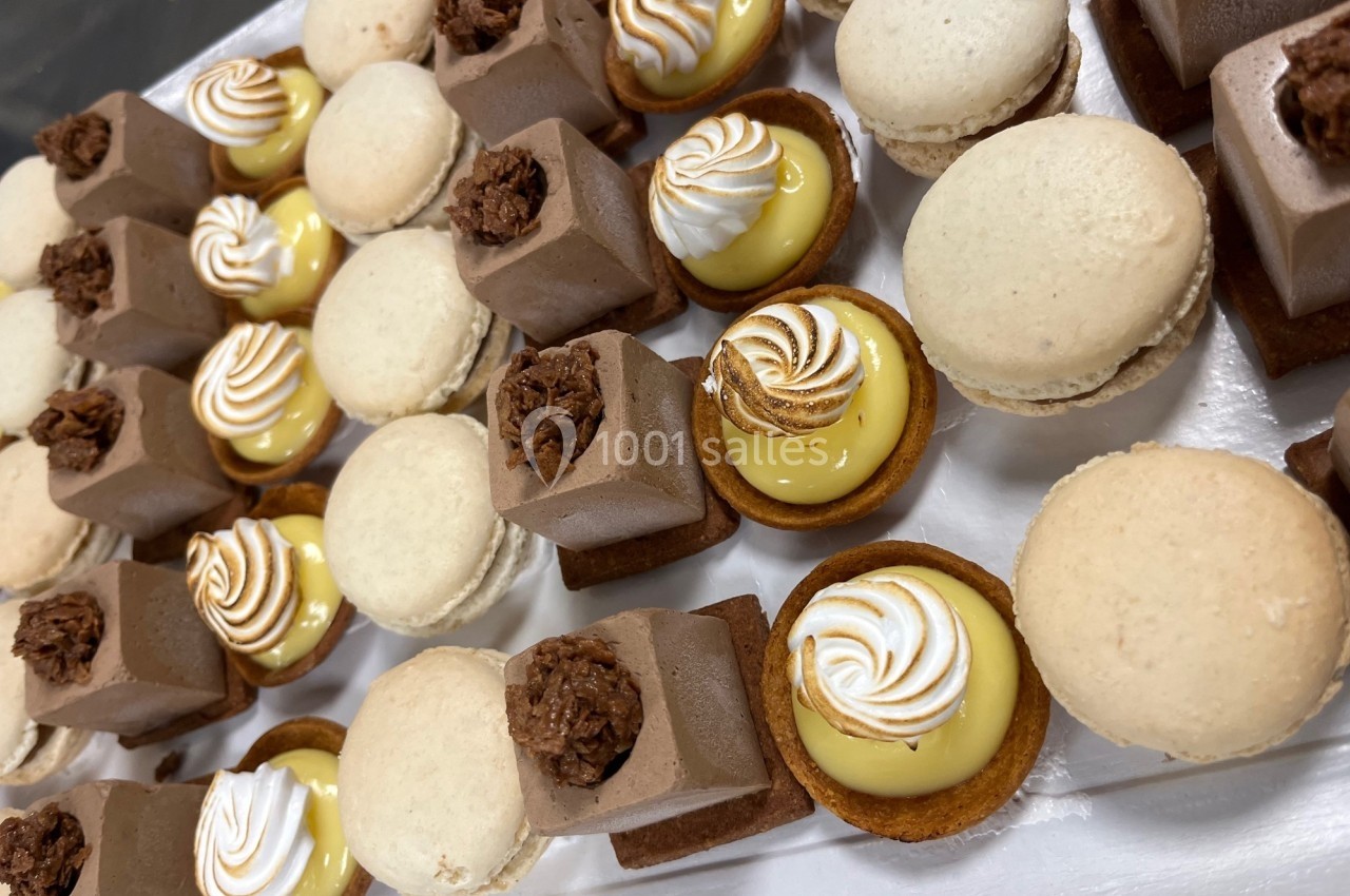 Assortiment de pâtisseries miniatures comprenant macarons, tartelettes au citron et entremets au chocolat.
