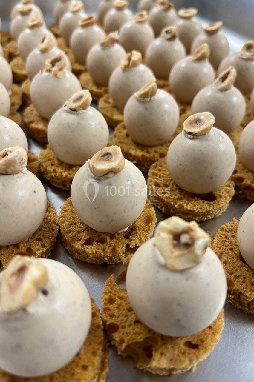 Petits desserts sphériques à la noisette sur une base biscuitée dorée, alignés sur un plateau.