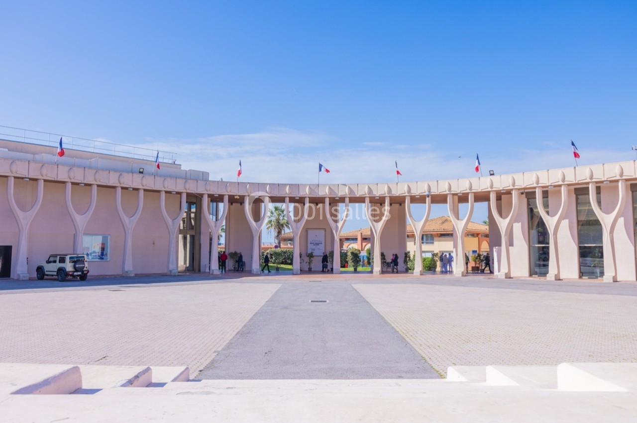 Vue d'une place pavée entourée d'un bâtiment moderne avec des colonnes en forme d'arbres et des drapeaux français.