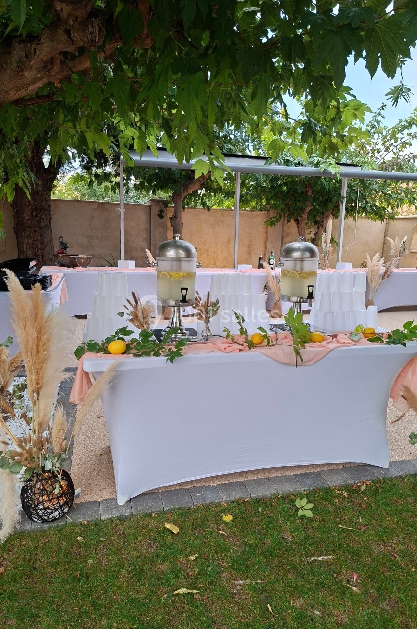 Table de buffet en extérieur avec boissons fraîches, citrons, pampas et décoration végétale sous des arbres.