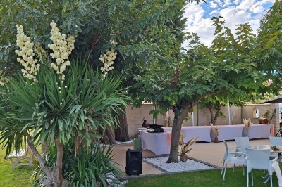 Salle de réception décorée avec des tables dressées, nappes blanches, serviettes pliées et arrangements floraux.