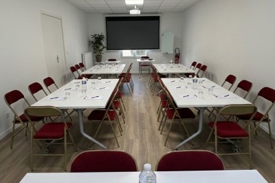 Miniature Salle de Sycomore Des personnes debout dans une salle décorée, tenant des verres, devant des tables dressées pour une fête.