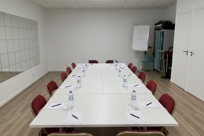 Miniature Salle des Saules Des personnes debout dans une salle décorée, tenant des verres, devant des tables dressées pour une fête.