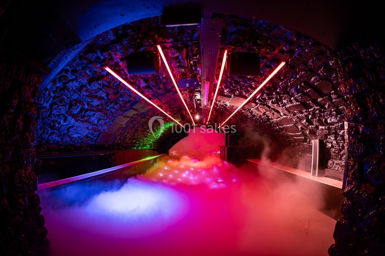 Salle voûtée en pierre éclairée par des néons colorés, avec de la fumée couvrant le sol.