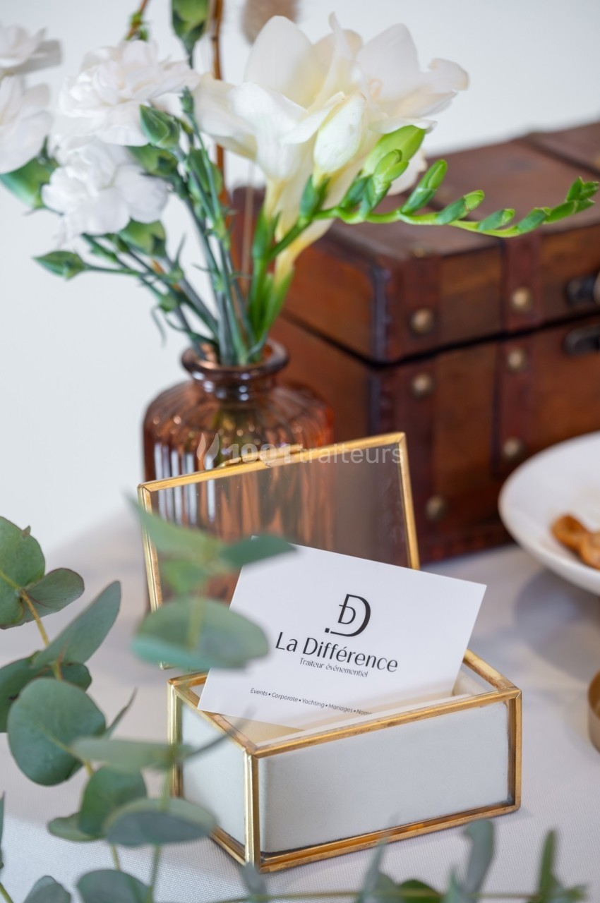 Carte de visite dans une boîte dorée ouverte, entourée de fleurs blanches et d'éléments décoratifs.