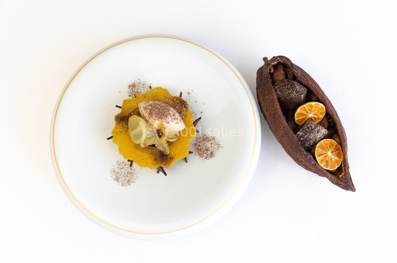 Dessert raffiné présenté sur une assiette blanche avec une coque de cacao garnie de fruits secs et tranches d'agrumes.