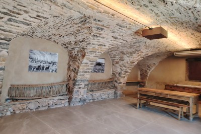 Maison en pierre traditionnelle avec toit en lauze, entourée d'une cour pavée et d'arbres dénudés en hiver.