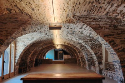 Maison en pierre traditionnelle avec toit en lauze, entourée d'une cour pavée et d'arbres dénudés en hiver.