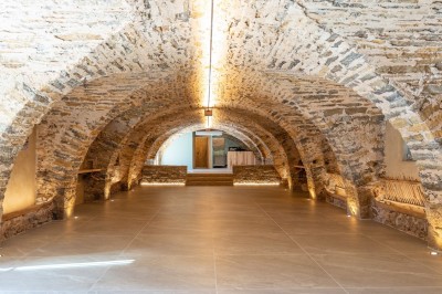 Chambre avec murs en pierre, lit double avec couverture blanche et cheminée ancienne en pierre.