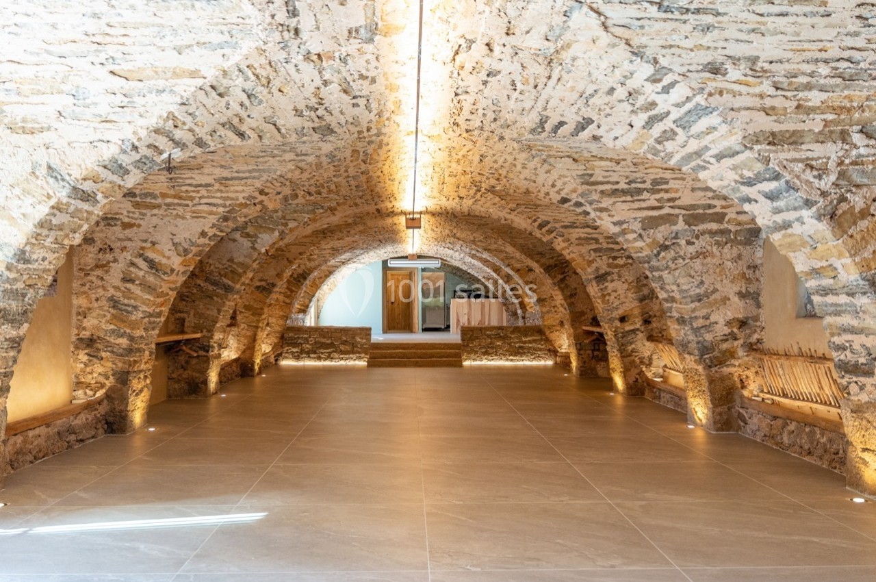 Salle voûtée en pierre avec éclairage chaleureux, sol en carrelage et porte en bois au fond.