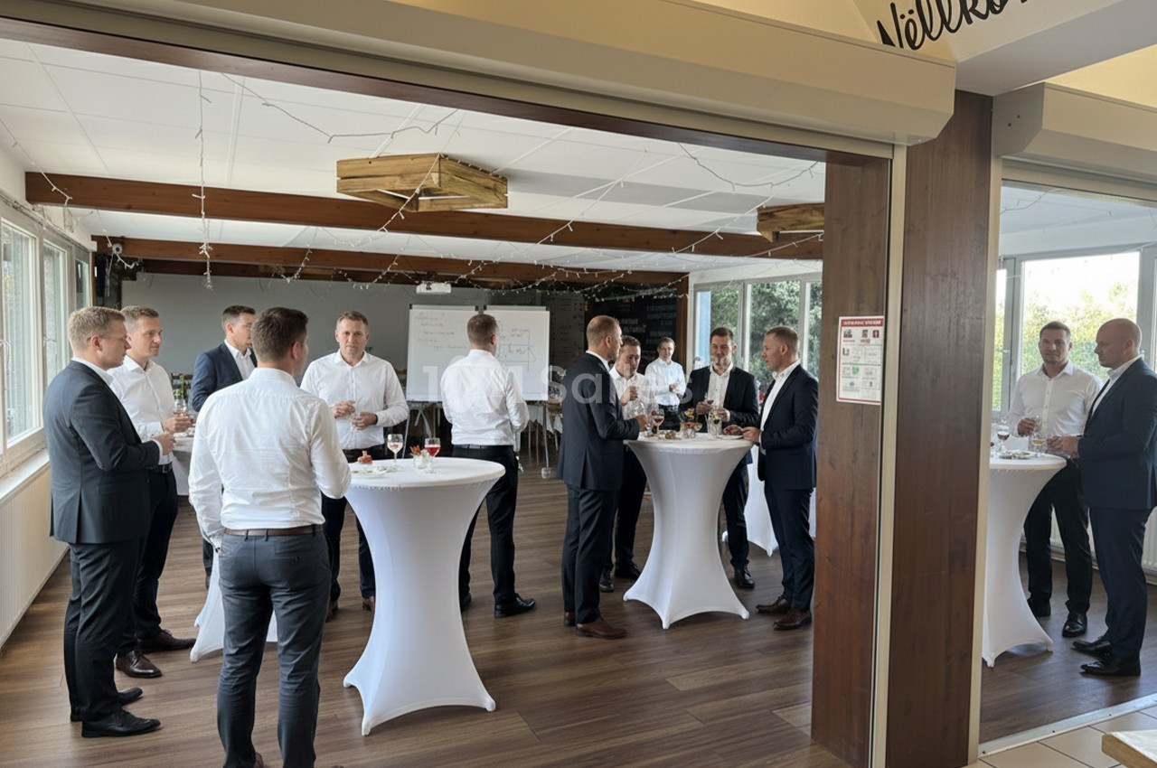 Groupe d'hommes en tenue formelle discutant autour de tables hautes dans une salle lumineuse.