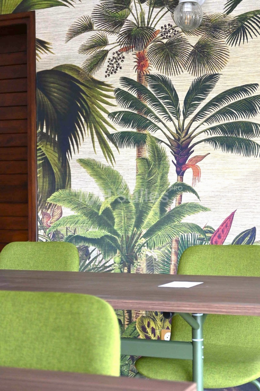 Mur décoré d'un papier peint tropical avec des palmiers, table en bois et chaises vertes au premier plan.
