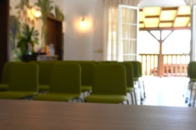 Allée bordée de haies fleuries et de palmiers, menant à une maison sous un ciel bleu.