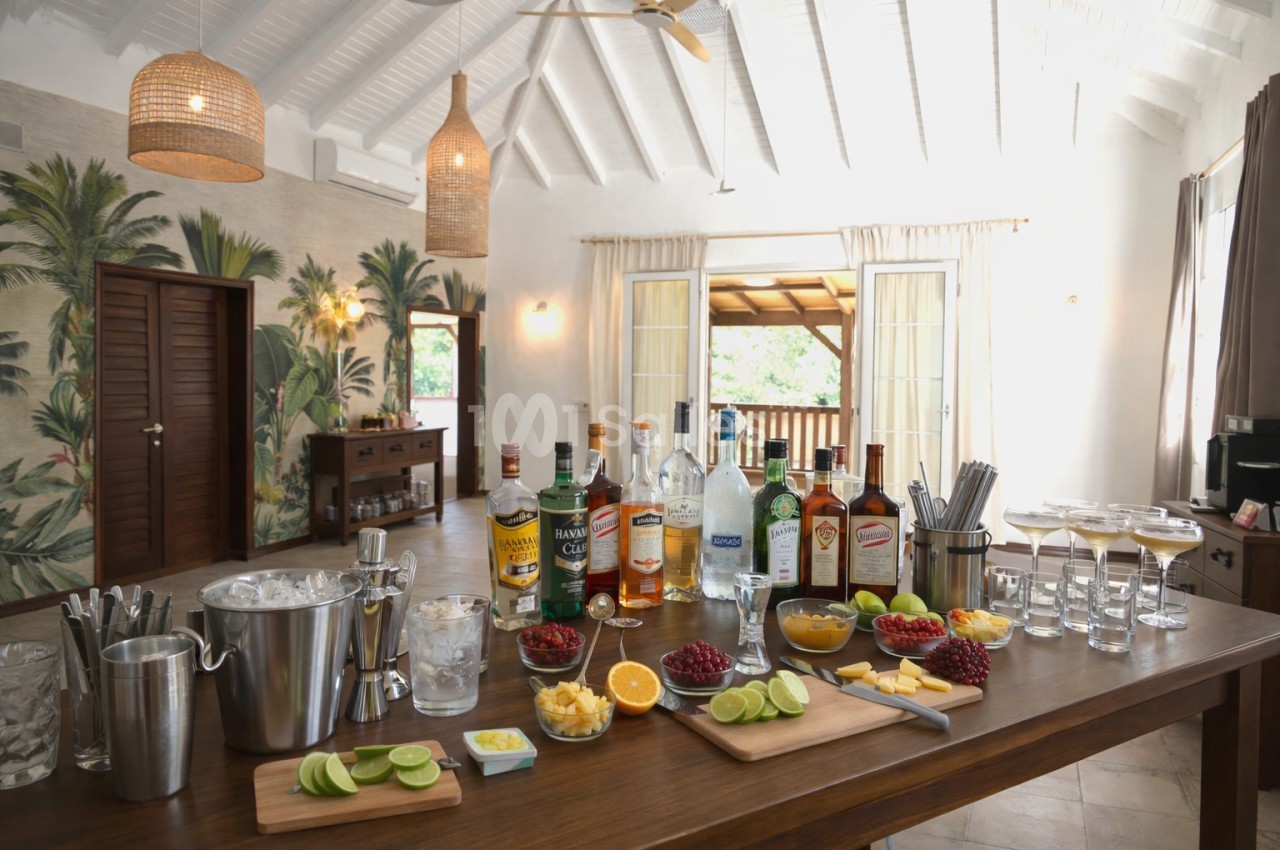 Table garnie de bouteilles d'alcool, fruits frais et accessoires de bar dans une pièce lumineuse au décor tropical.