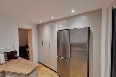 Chemin ombragé bordé de grands arbres et de buissons fleuris de fleurs violettes dans un parc verdoyant.