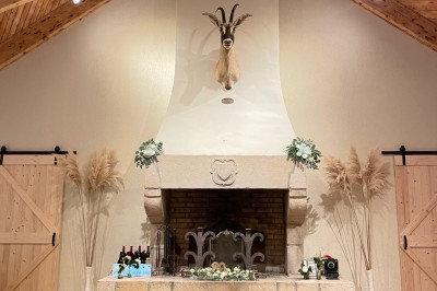 Chemin ombragé bordé de grands arbres et de buissons fleuris de fleurs violettes dans un parc verdoyant.