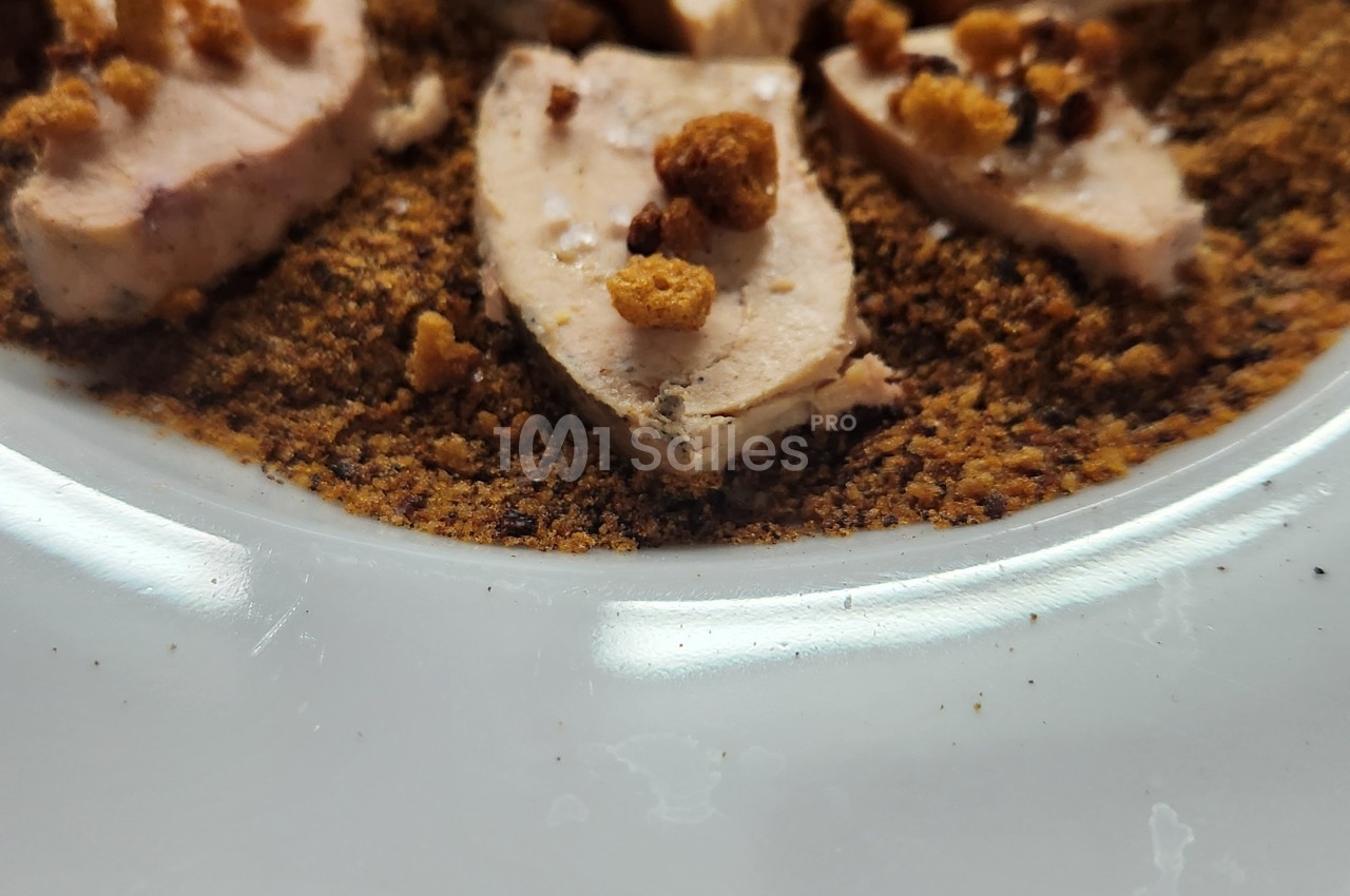 Tranches roses de terrine garnies de petits morceaux croustillants, dressées sur un lit de miettes brunes dans une assiette blanche.