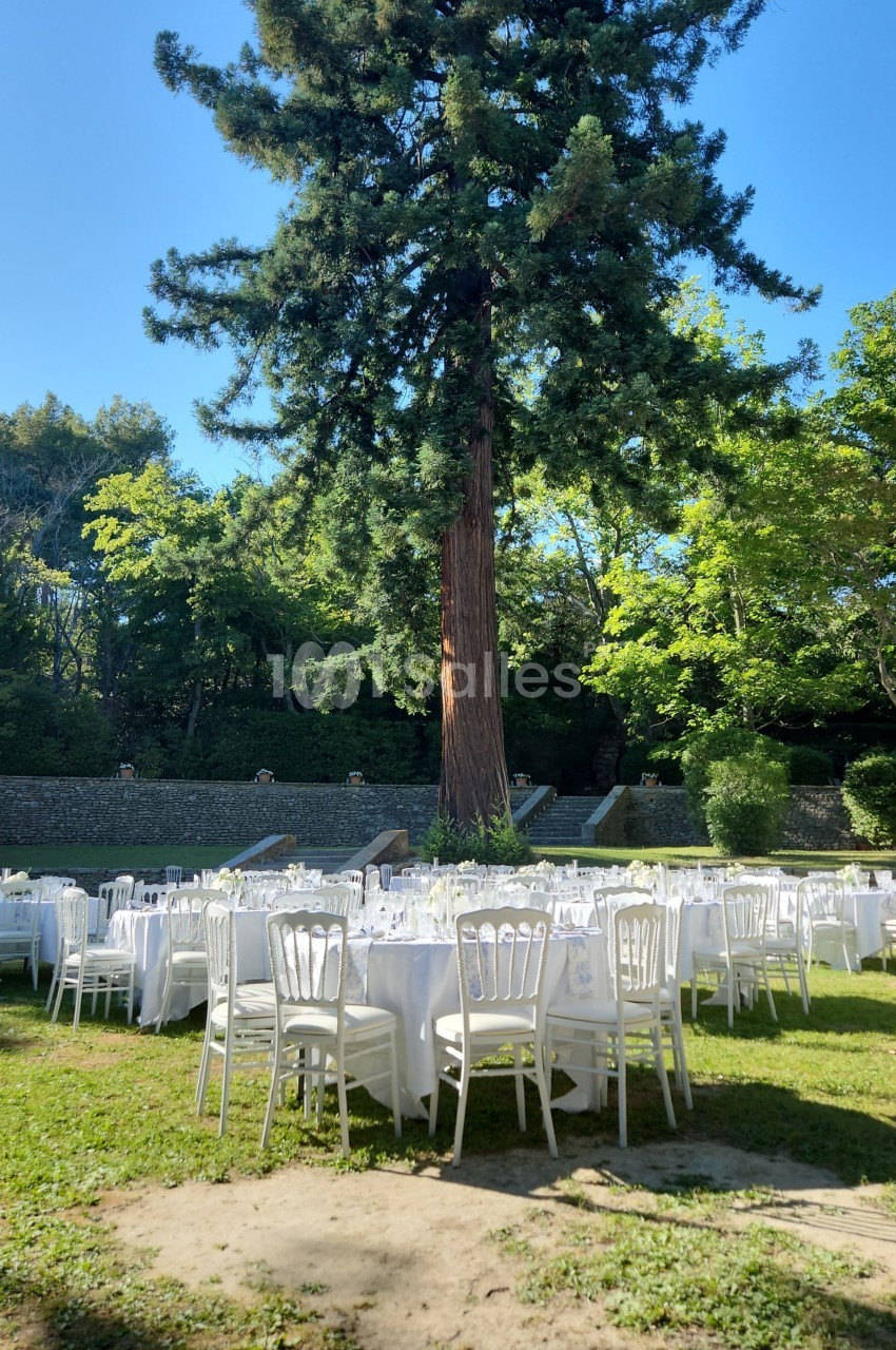 Tables rondes nappées de blanc et chaises blanches dressées sur une pelouse, sous un grand cèdre, dans un jardin arboré.