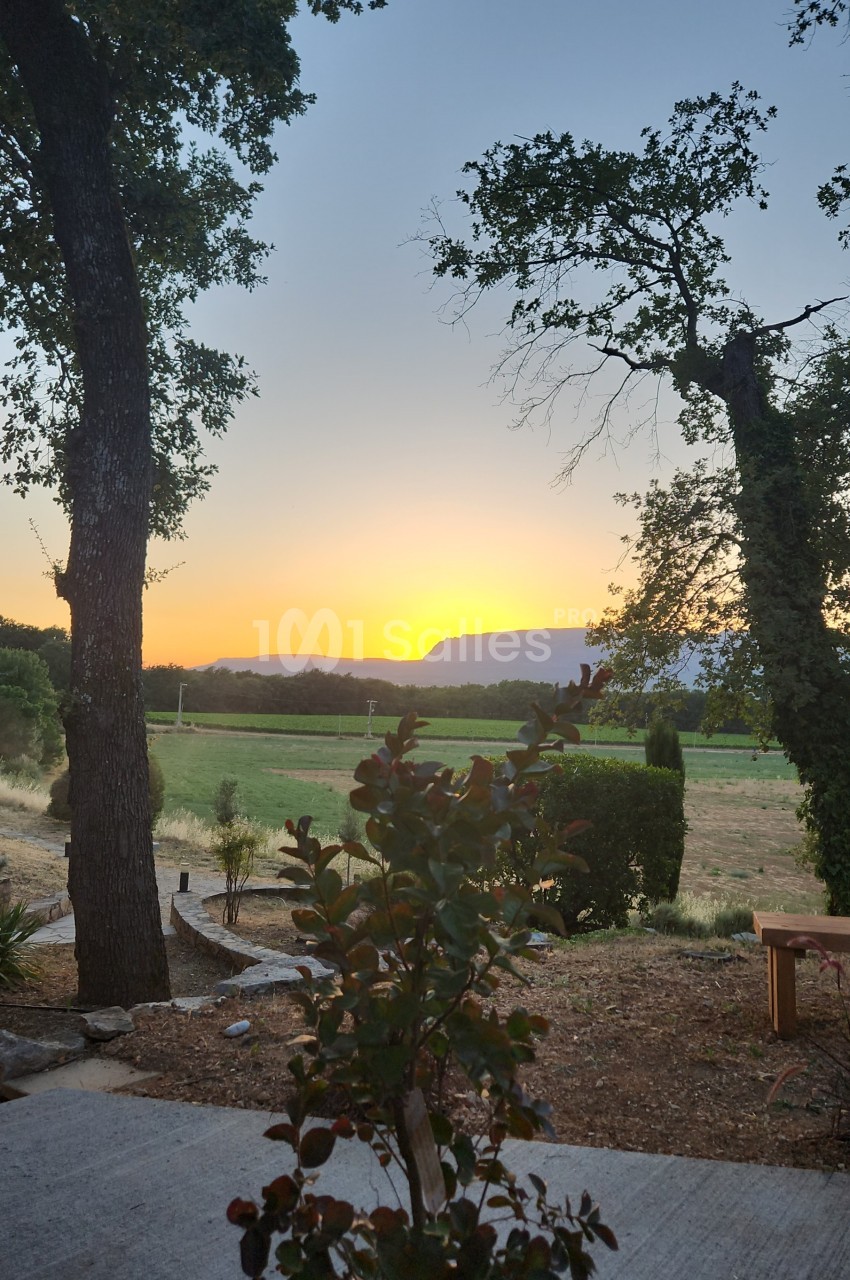 Coucher de soleil sur un jardin bordé de grands chênes, avec vue sur une étendue agricole et une montagne en arrière-plan.