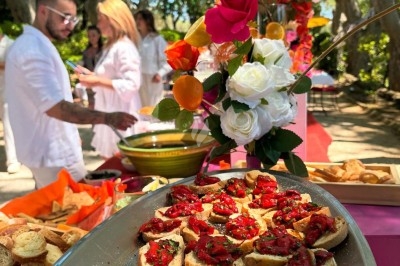 Illustration de deux oliviers entourant des tables et chaises disposées en extérieur, décorées de guirlandes lumineuses.