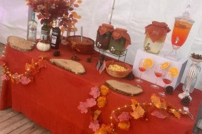 Illustration de deux oliviers entourant des tables et chaises disposées en extérieur, décorées de guirlandes lumineuses.