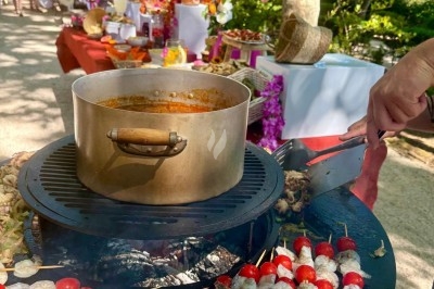 Illustration de deux oliviers entourant des tables et chaises disposées en extérieur, décorées de guirlandes lumineuses.