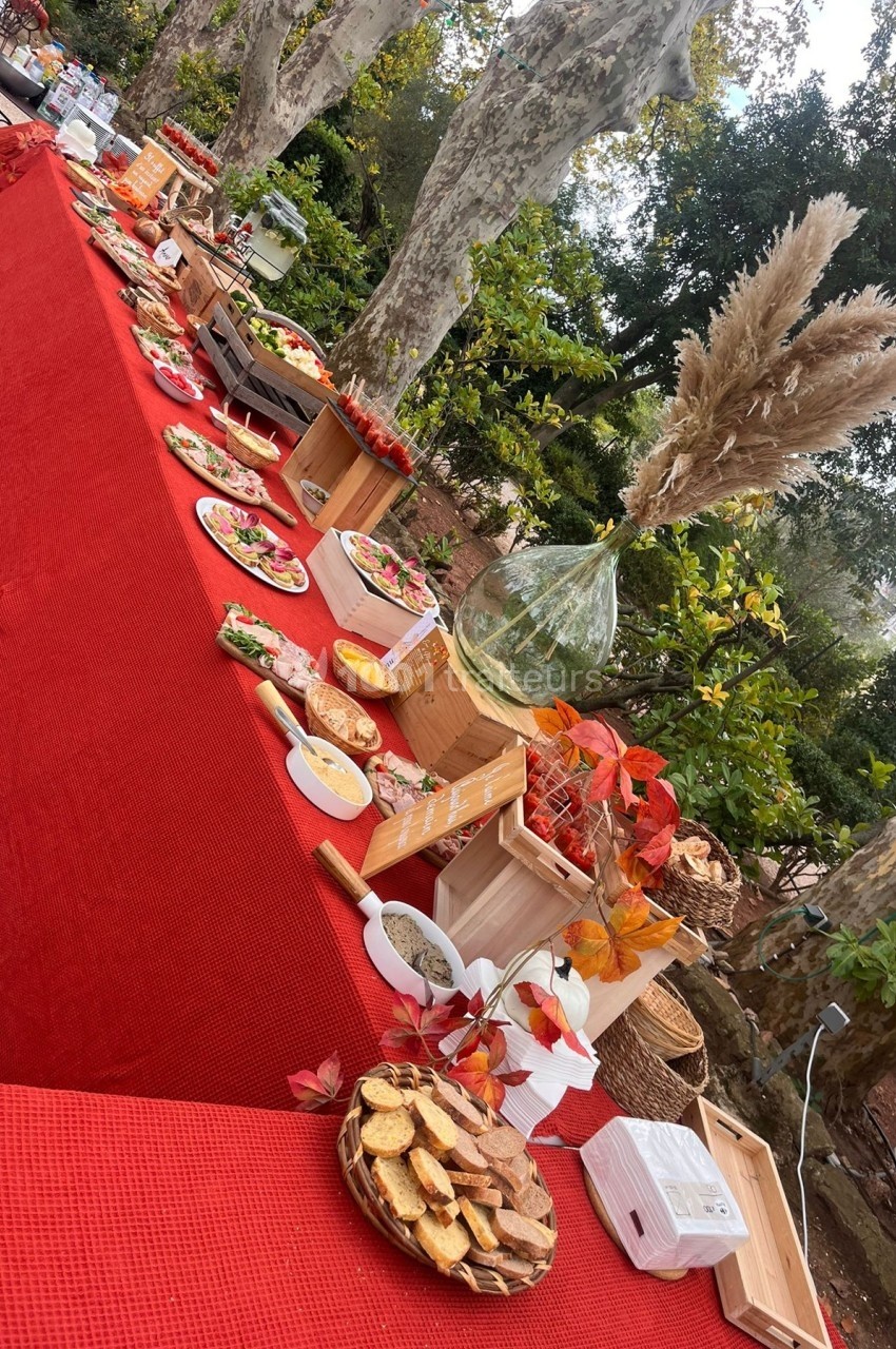 Buffet en plein air avec table rouge, plats variés, décorations végétales et ambiance naturelle dans un jardin.