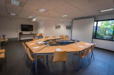 Chambre lumineuse avec lit double, bureau, chaise, télévision murale et fenêtre donnant sur un espace vert.