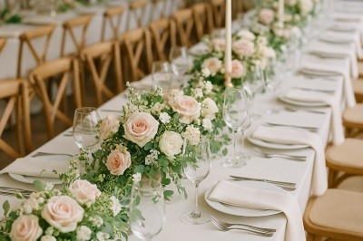 Table de réception décorée de nappes blanches, bouquets de roses pastel, bougies et vaisselle élégante.