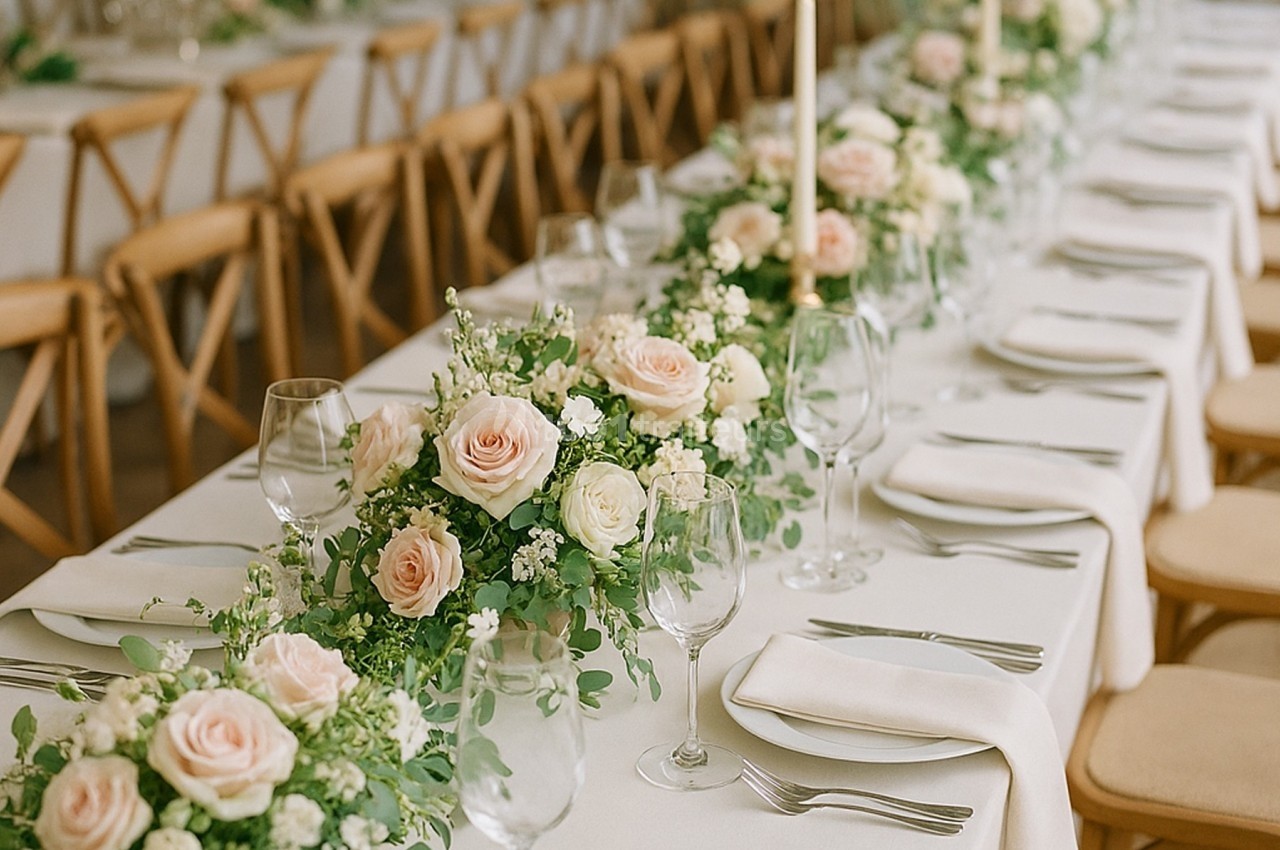 Table de réception décorée de nappes blanches, bouquets de roses pastel, bougies et vaisselle élégante.