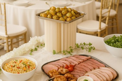 Buffet avec plateau de charcuterie, pommes de terre, salades variées et décoration florale dans une salle de réception.