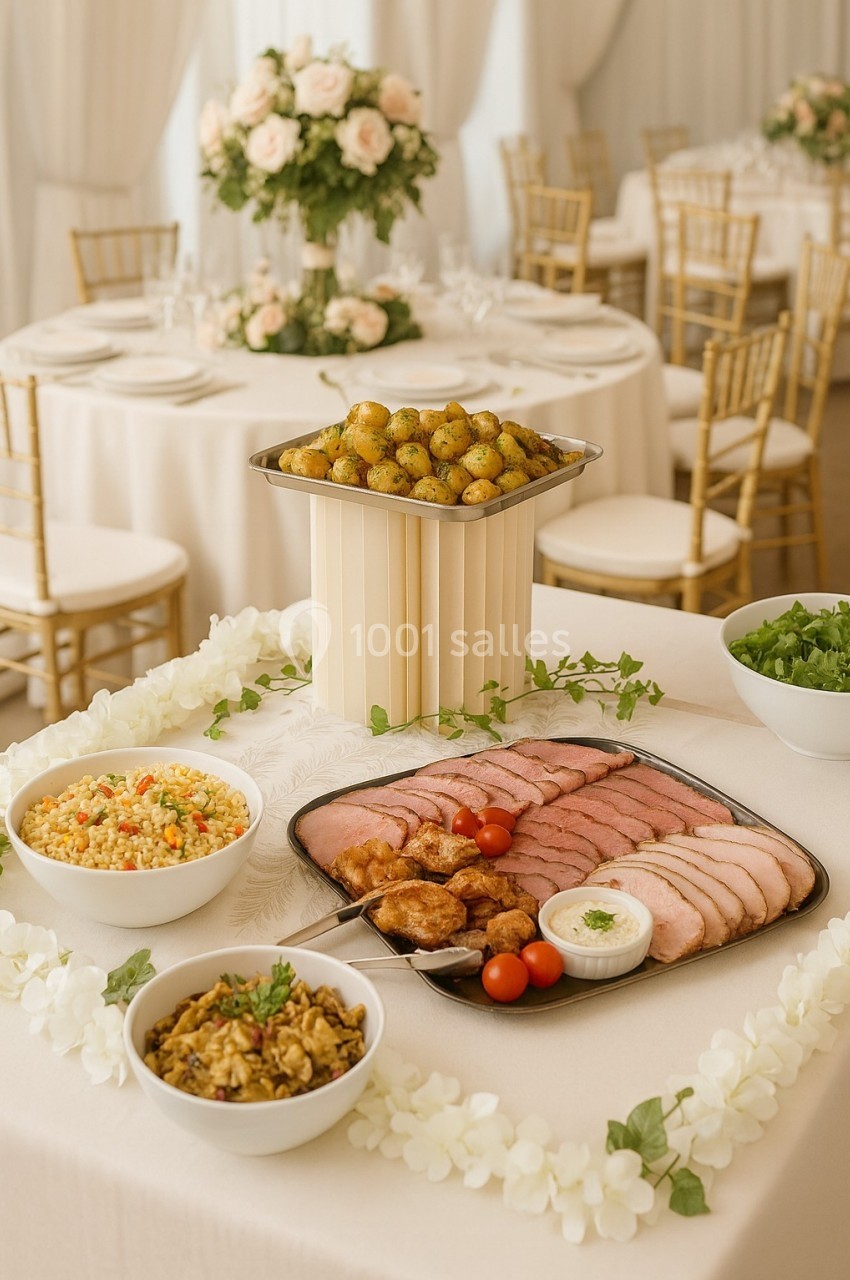 Buffet avec plateau de charcuterie, pommes de terre, salades variées et décoration florale dans une salle de réception.