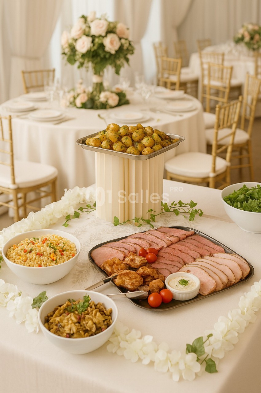 Buffet avec plateau de charcuterie, pommes de terre, salades variées et décoration florale dans une salle de réception.