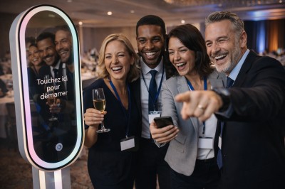 Un couple souriant en tenue de mariage pose devant une borne photo interactive lors d'une réception en extérieur.